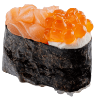 Гункан з лососем та червоною ікрою